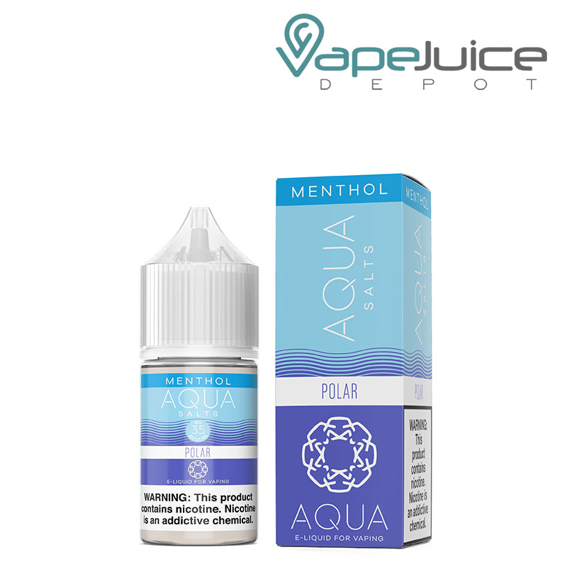 A 30ml bottle of Menthol Polar AQUA Synthetic Salts 35mg with a warning sign and a box  next to it - Vape Juice Depot