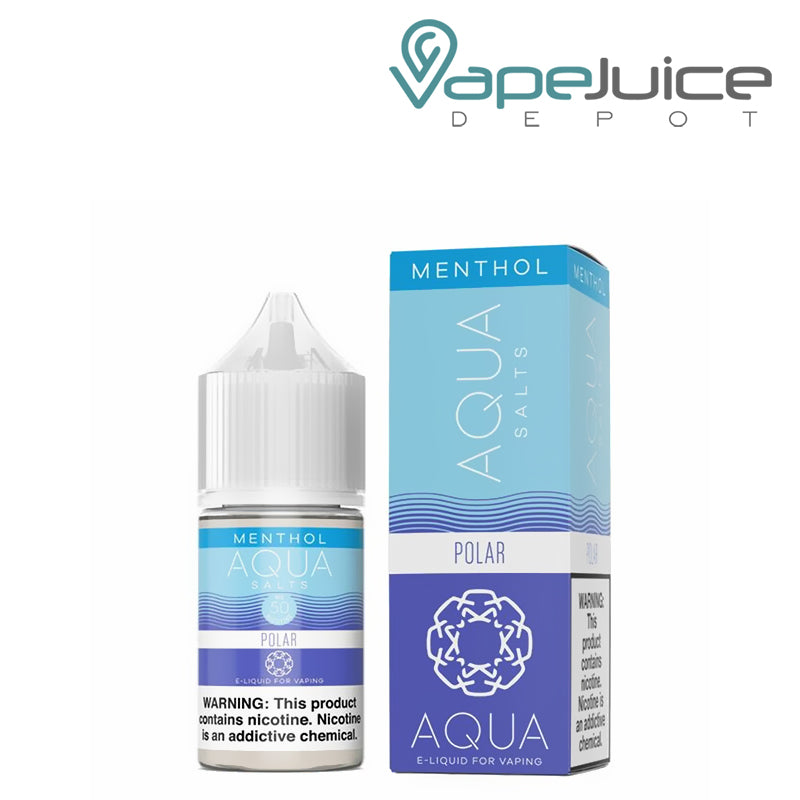 A 30ml bottle of Menthol Polar AQUA Synthetic Salts 50mg with a warning sign and a box  next to it - Vape Juice Depot