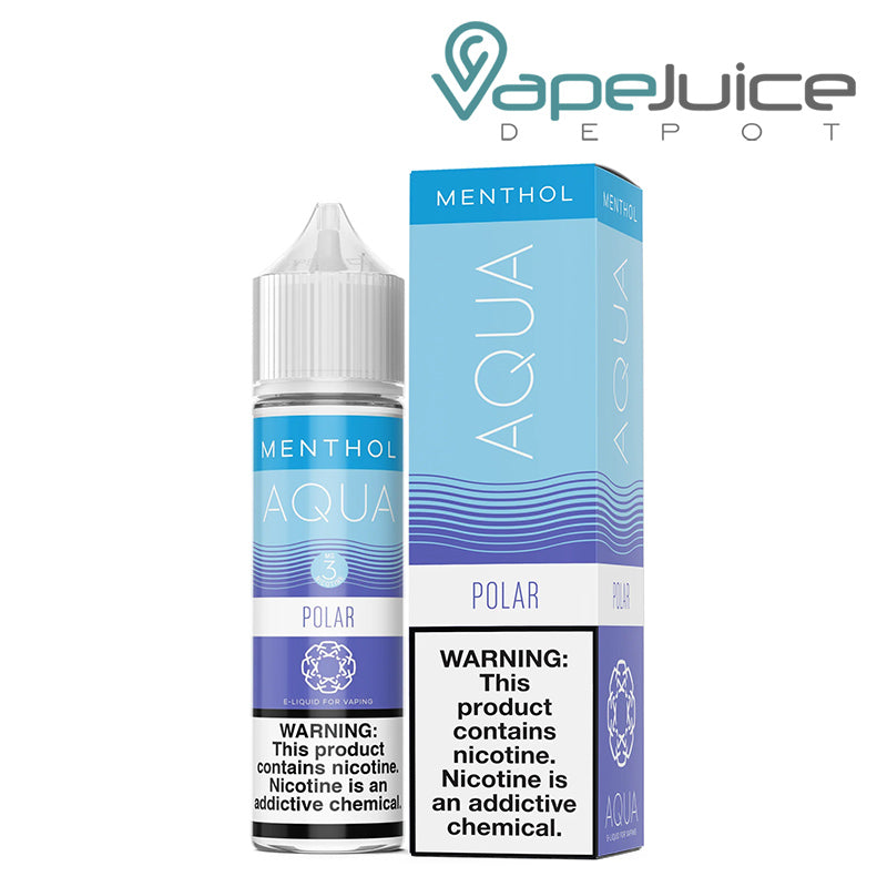 A 60ml bottle of Menthol Polar AQUA Synthetic eLiquid 3mg and a box with a warning sign next to it - Vape Juice Depot