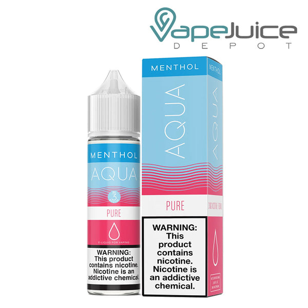 A 60ml bottle of Menthol Pure AQUA eLiquid with a warning sign and a box next to it - Vape Juice Depot
