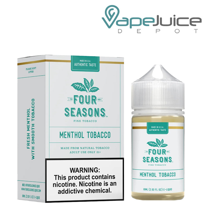 A box of Menthol Tobacco Four Seasons with a warning sign and a 60ml bottle next to it - Vape Juice Depot