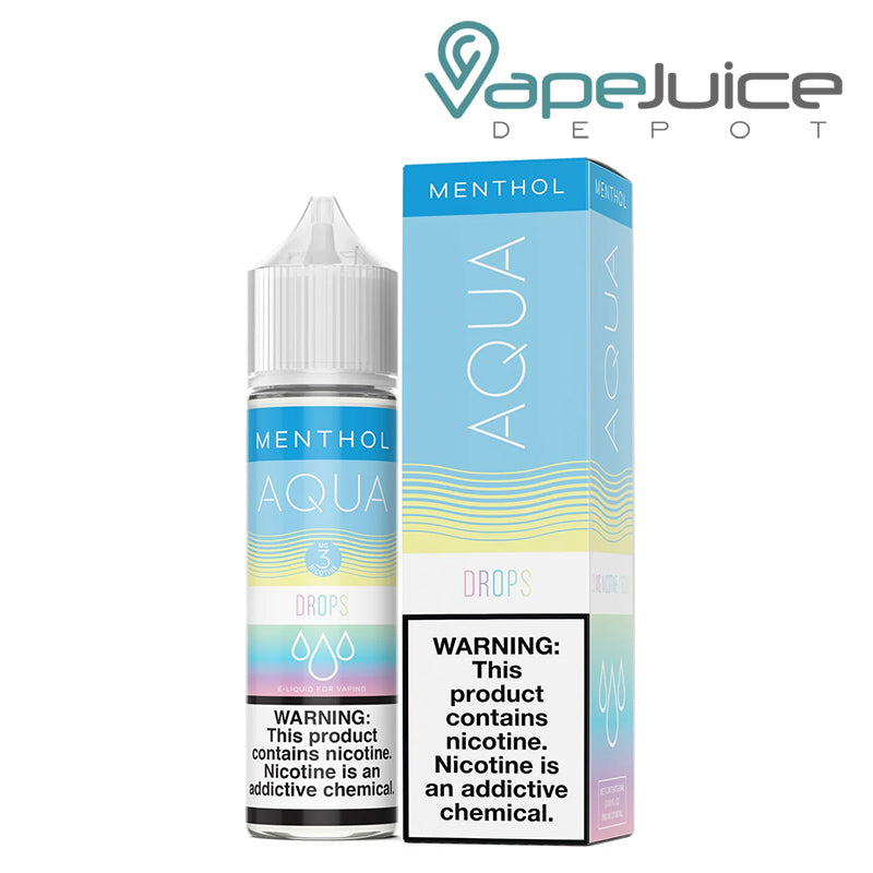 A 60ml bottle of Menthol DROPS AQUA eLiquid with a warning sign and a box next to it - Vape Juice Depot