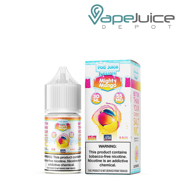 A 30ml bottle of Mighty Mango Freeze Pod Juice TFN Salt with a warning sign and a box next to it - Vape Juice Depot