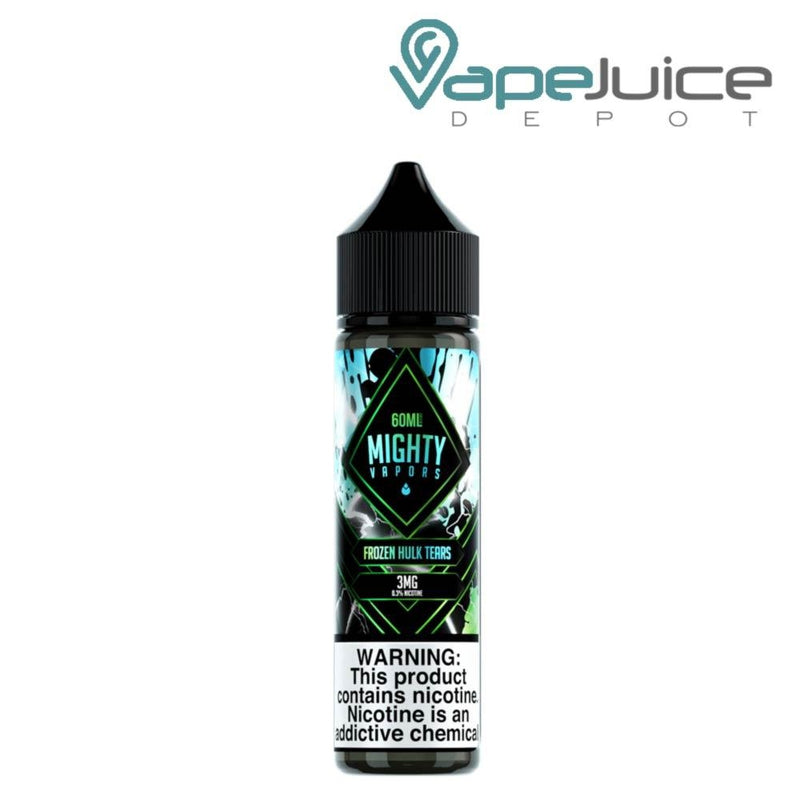 A 60ml bottle of Frozen Hulk Tears Mighty Vapors with a warning sign - Vape Juice Depot