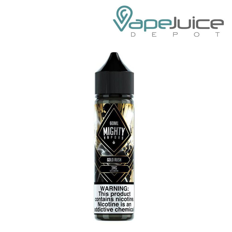 A 60ml bottle of Gold Rush Mighty Vapors eLiquid with a warning sign - Vape Juice Depot
