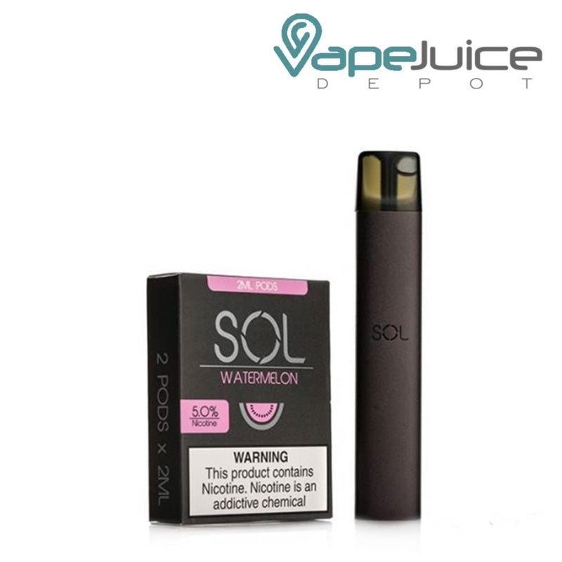 A box of SOL Watermelon Pods Mighty Vapors with a warning sign and a device next to it -Vape Juice Depot