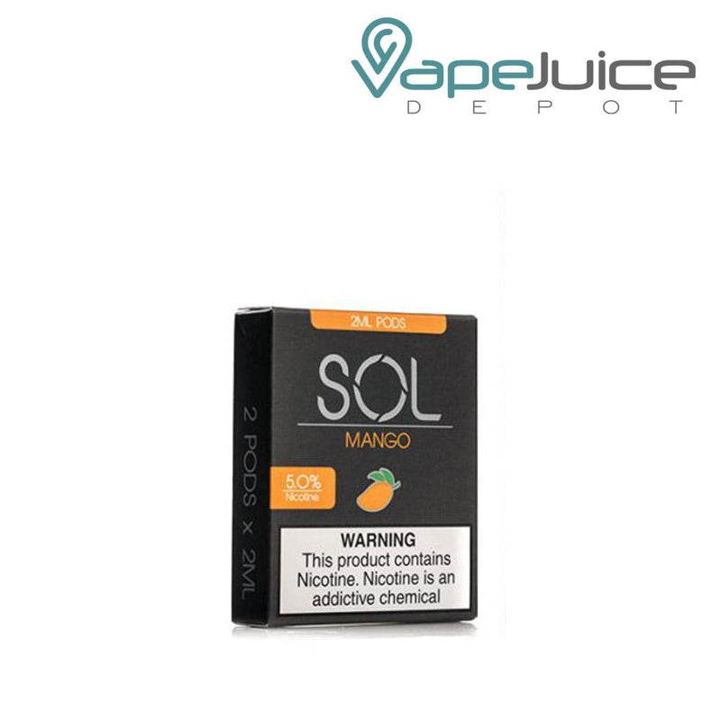 A box of SOL Mango Pods Mighty Vapors with a warning sign - Vape Juice Depot