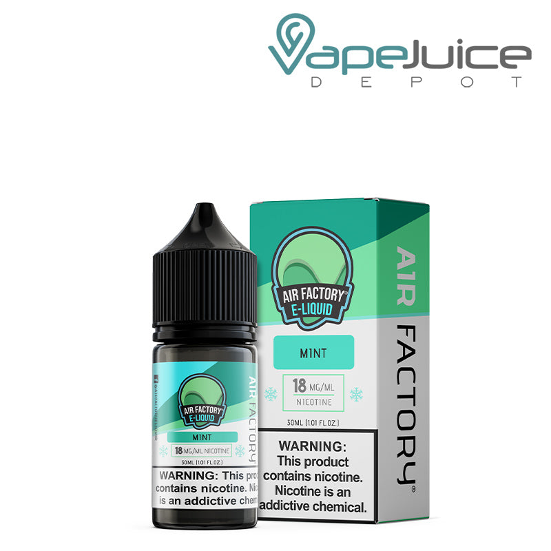 A 30ml bottle of Mint Air Factory Salts 18mg and a box next to it - Vape Juice Depot