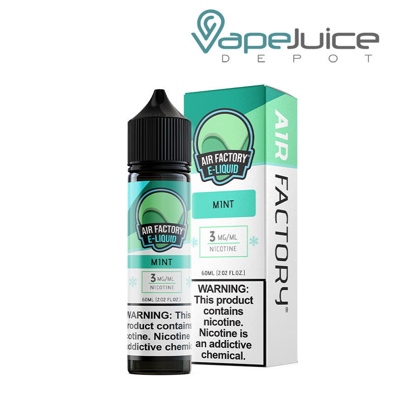 A 60ml bottle of Mint Air Factory eLiquid 3mg with a warning sign and a box next to it - Vape Juice Depot