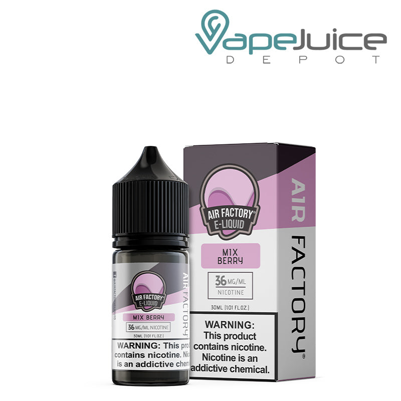 A 30ml bottle of Mix Berry Air Factory Salts 36mg with a warning sign and a box next to it - Vape Juice Depot
