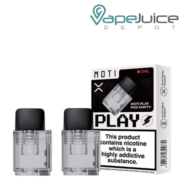 Two Moti Play Pod Cartridges and a box with a warning sign next to them - Vape Juice Depot