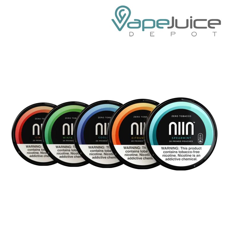 Five different NIIN Zero Tobacco Pouches with a warning sign  - Vape Juice Depot