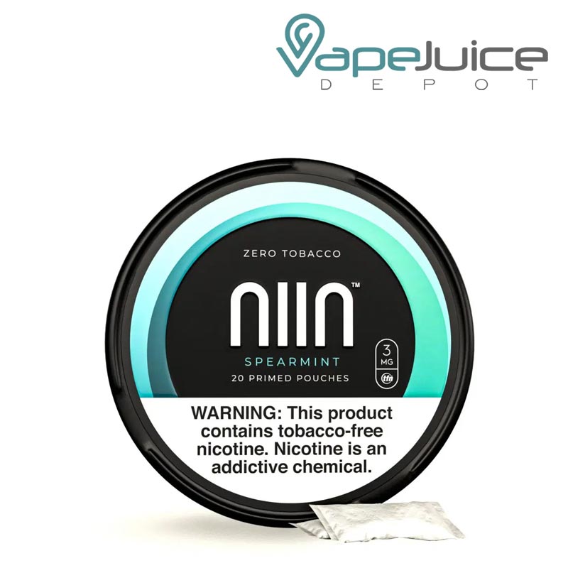Spearmint NIIN Zero Tobacco Pouches with a warning sign - Vape Juice Depot