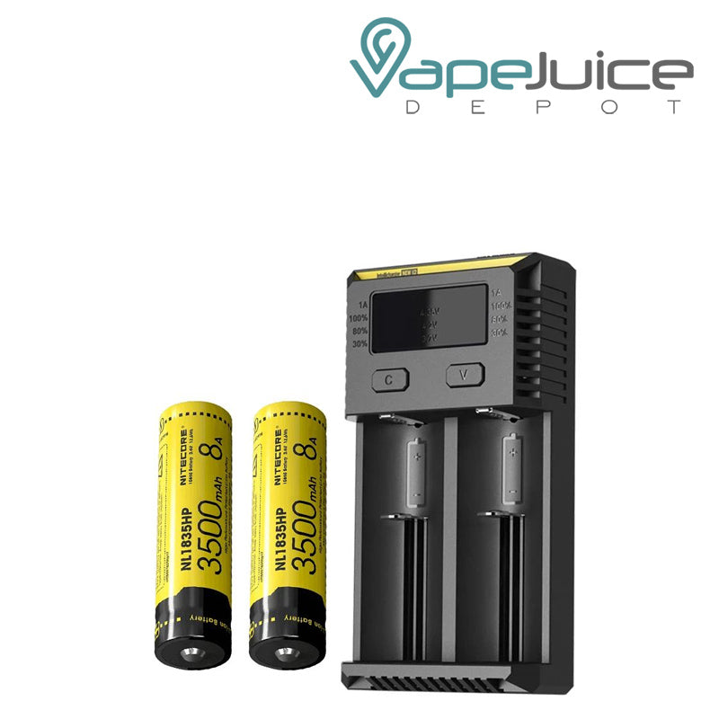 Two batteries and a NITECORE Intellicharger NEW i2 Battery Charger - Vape Juice Depot