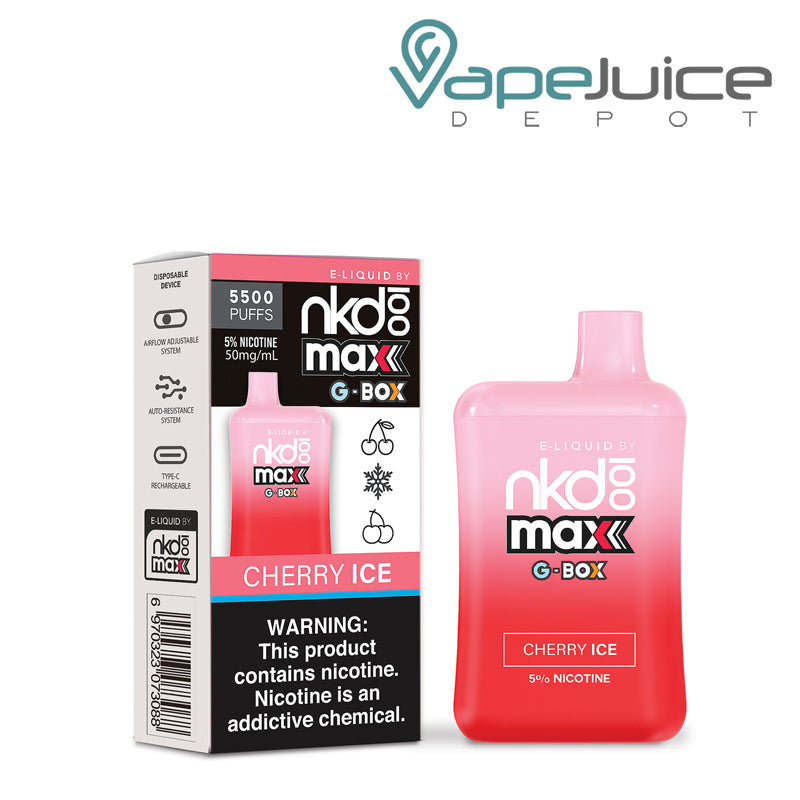 NKD 100 Max G-Box Disposable Cherry Ice with a warning sign and a disposable next to it - Vape Juice Depot