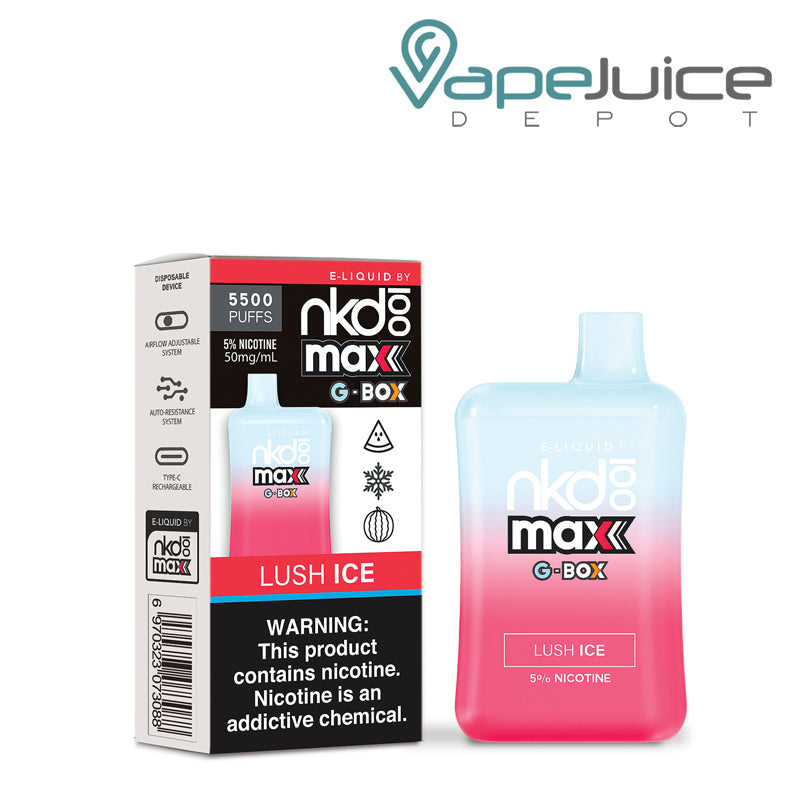 NKD 100 Max G-Box Disposable Lush Ice with a warning sign and a disposable next to it - Vape Juice Depot