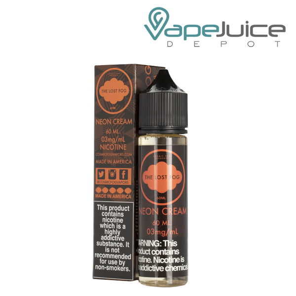 A box of Neon Cream Lost Fog eLiquid with a warning sign and a 60ml bottle next to it - Vape Juice Depot