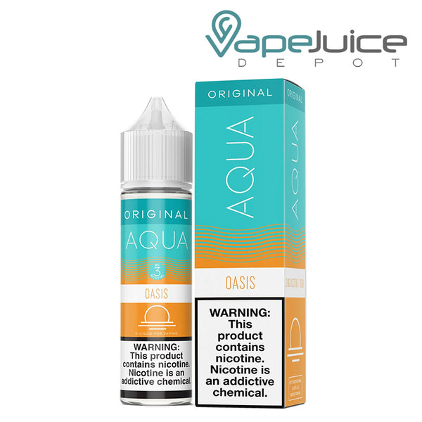 A 60ml bottle of OASIS AQUA Original eLiquid with a warning sign and a box next to it - Vape Juice Depot