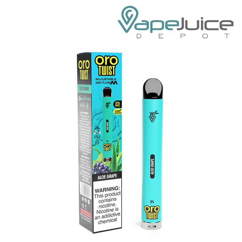 A box of Aloe Grape ORO MAX Twist Disposable Device with a warning sign and it's disposable - Vape Juice Depot