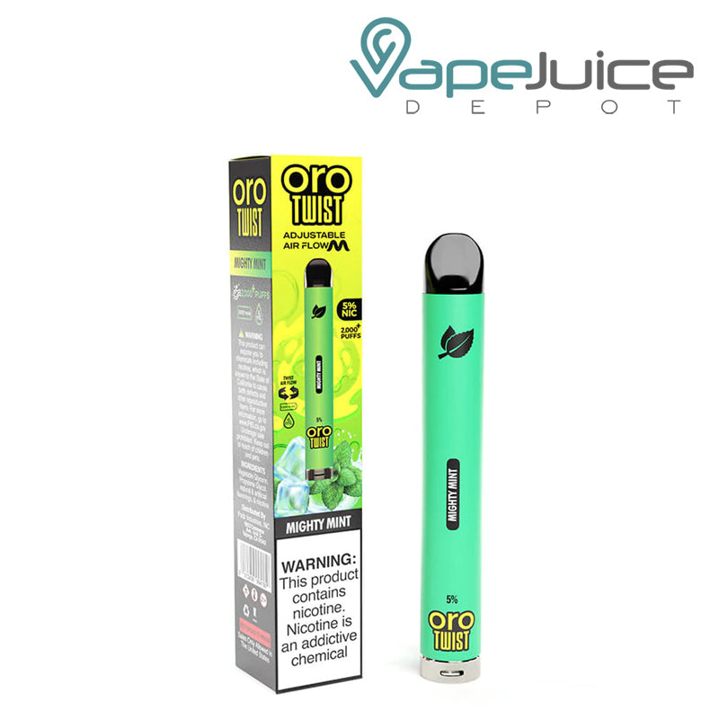 A box of Mighty Mint ORO MAX Twist Disposable Device with a warning sign and it's disposable - Vape Juice Depot