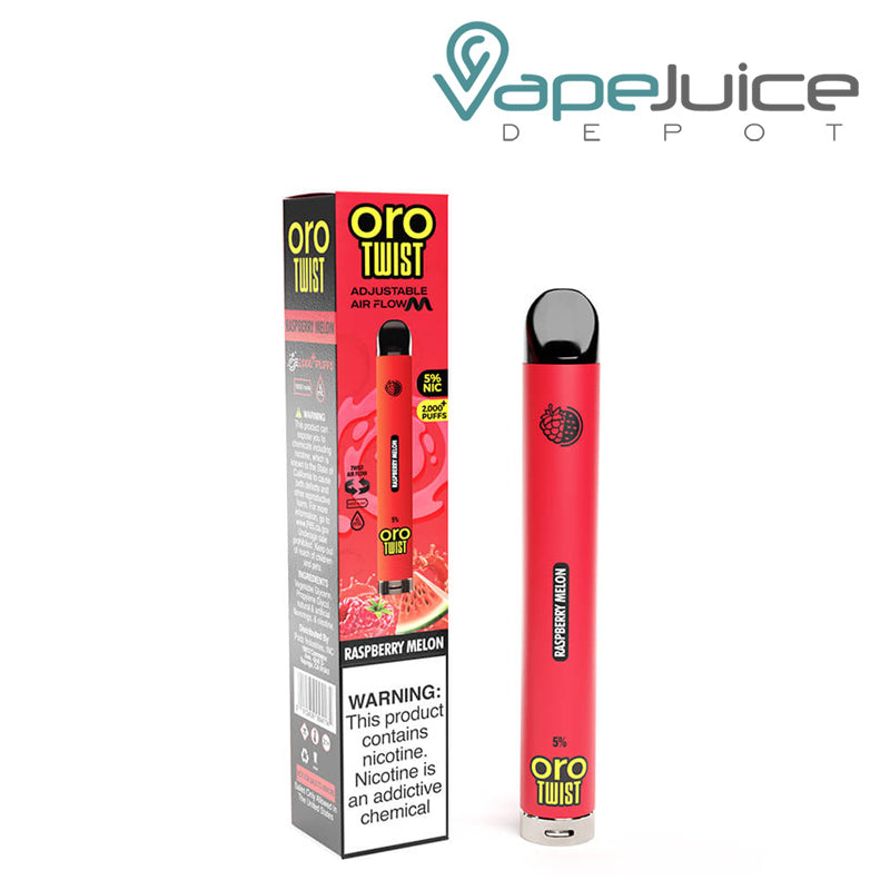 A box of Raspberry Melon ORO MAX Twist Disposable Device with a warning sign and it's disposable - Vape Juice Depot