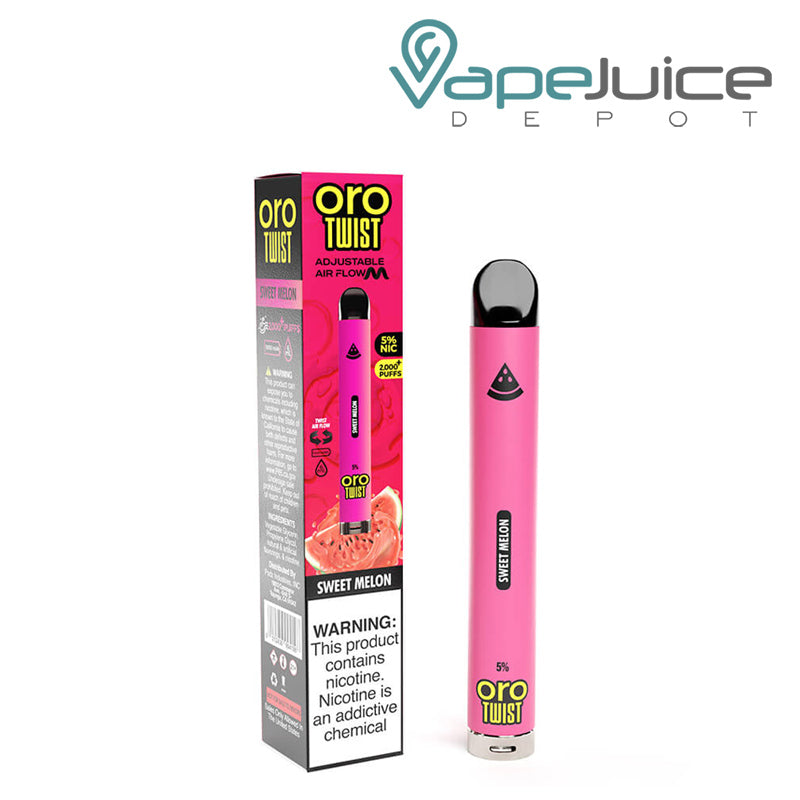 A box of Sweet Melon ORO MAX Twist Disposable Device with a warning sign and it's disposable - Vape Juice Depot