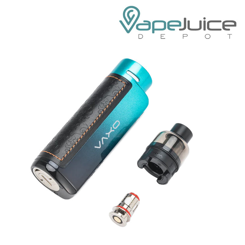 Turquoise Green OXVA Origin 2 Mod with tank and coil next to it - Vape Juice Depot