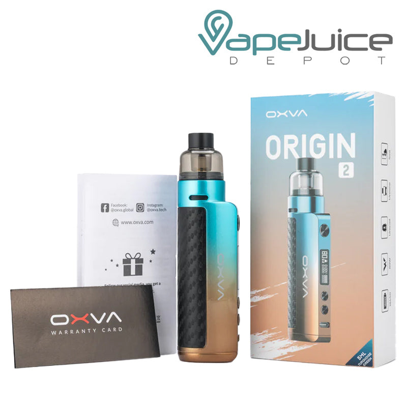 OXVA warranty card, user manual, OXVA Origin 2 Kit and a box next to it - Vape Juice Depot