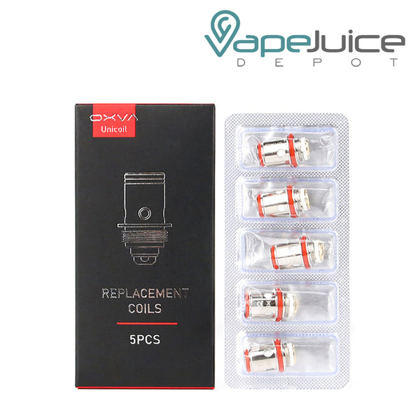 A box of OXVA Unicoil Replacement Coils and a 5-pack coils next to it - Vape Juice Depot
