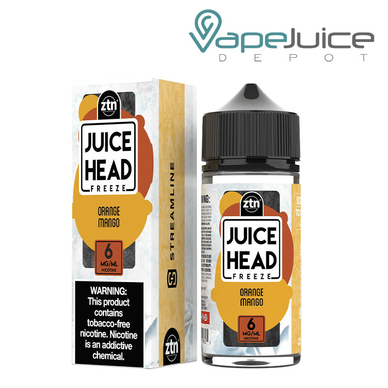 A box of Orange Mango Freeze ZTN Juice Head with a warning sign and a 100ml bottle next to it - Vape Juice Depot