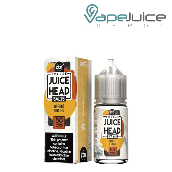 A Box of Orange Mango Freeze ZTN Salts Juice Head with a warning sign and a 30ml bottle next to it - Vape Juice Depot