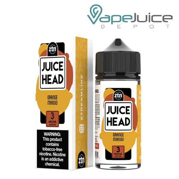 A box of Orange Mango ZTN Juice Head with a warning sign and a 100ml bottle next to it - Vape Juice Depot