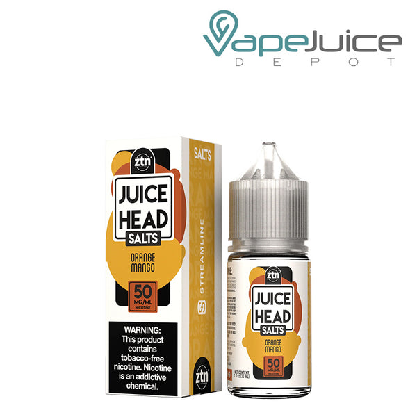 A Box of Orange Mango ZTN Salts Juice Head with a warning sign and a 30ml bottle next to it - Vape Juice Depot