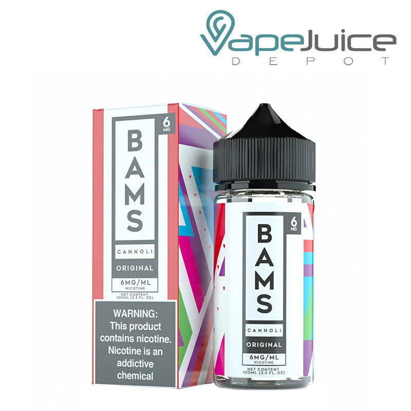 A box of Original Cannoli Bam Bams eLiquid with a warning sign and a 100ml bottle next to it - Vape Juice Depot