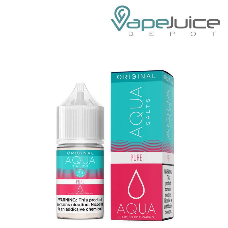 A 30ml bottle of PURE AQUA Synthetic Salts 35mg with a warning sign and a box next to it - Vape Juice Depot