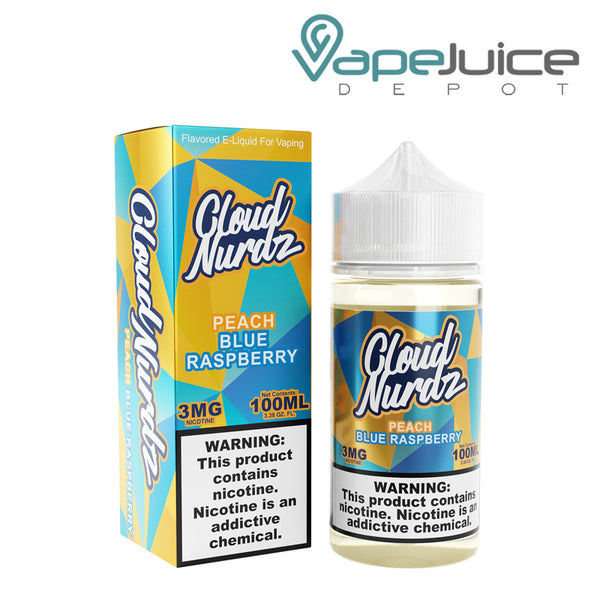 A box of Peach Blue Raspberry Cloud Nurdz with a warning sign and a 100ml bottle next to it - Vape Juice Depot