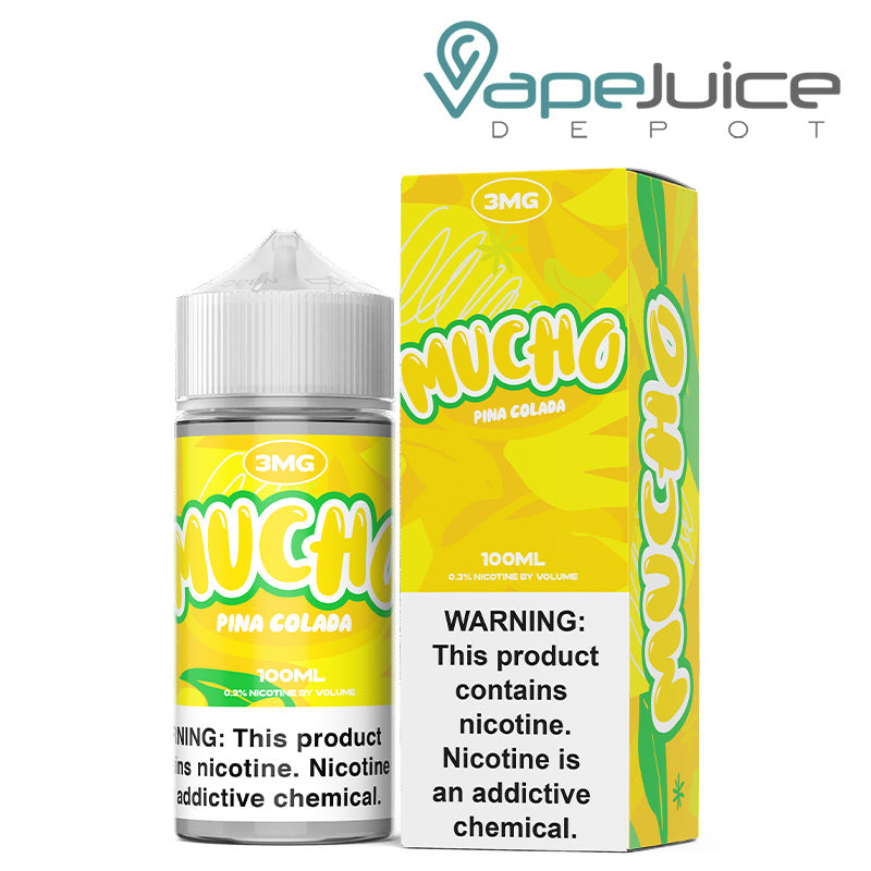 A 100ml bottle of Pina Colada Mucho eLiquid with a warning sign and a box next to it - Vape Juice Depot