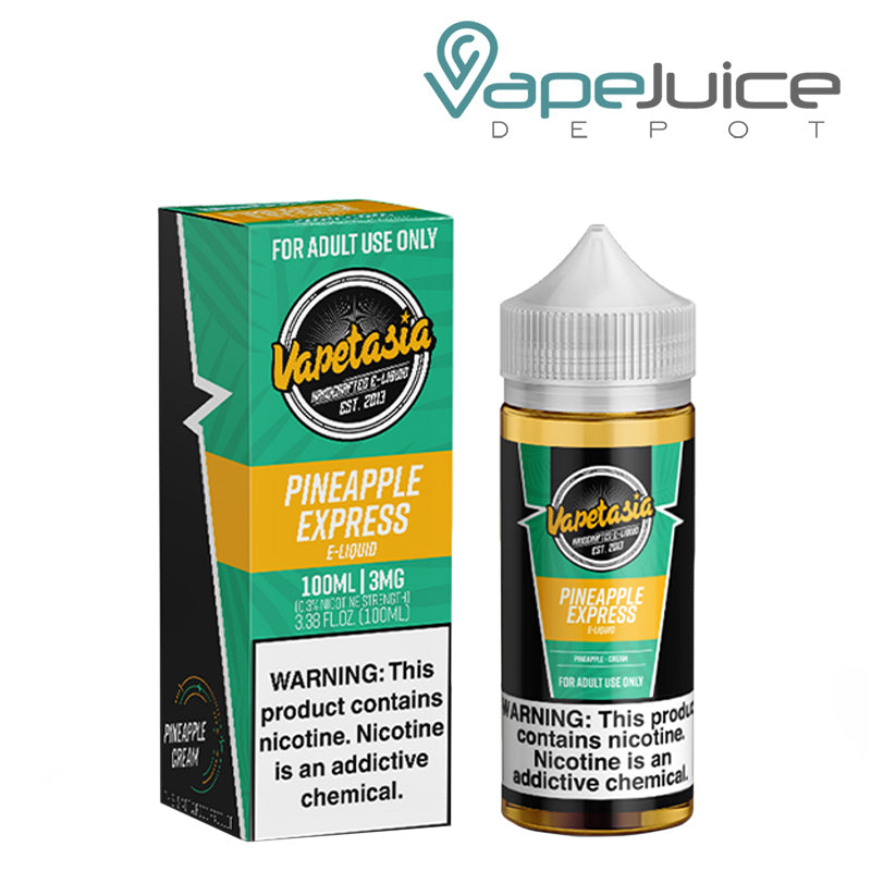 A box of Pineapple Express Vapetasia eLiquid with a warning sign and a 100ml bottle next to it - Vape Juice Depot