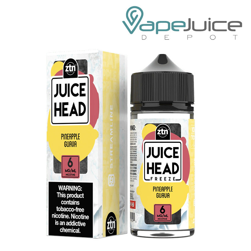 A box of Pineapple Guava Freeze ZTN Juice Head with a warning sign and a 100ml bottle next to it - Vape Juice Depot