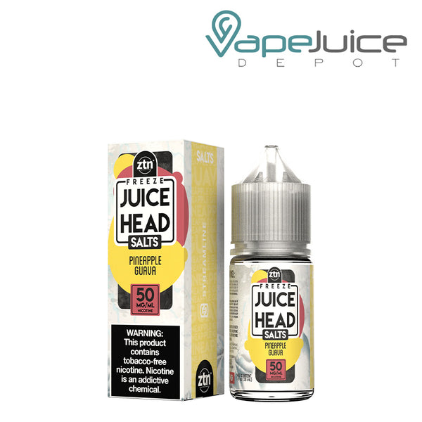 A Box of Pineapple Guava Freeze ZTN Salts Juice Head with a warning sign and a 30ml bottle next to it - Vape Juice Depot