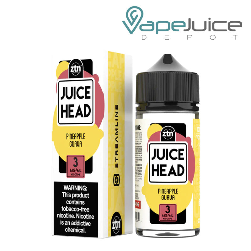 A box of Pineapple Guava ZTN Juice Head with a warning sign and a 100ml bottle next to it - Vape Juice Depot