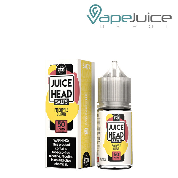 A Box of Pineapple Guava ZTN Salts Juice Head with a warning sign and a 30ml bottle next to it - Vape Juice Depot