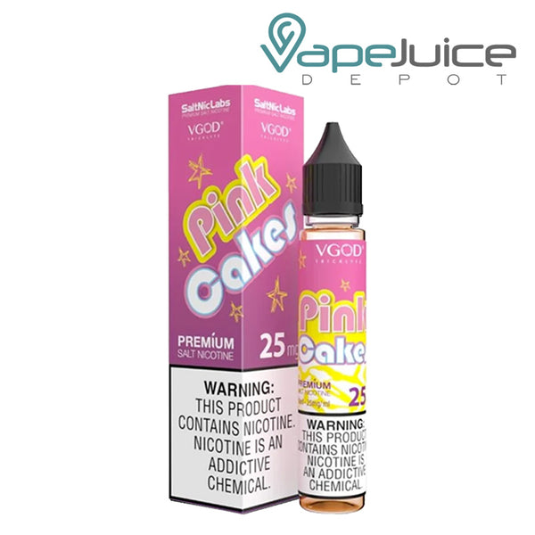 A box of Pink Cakes VGOD SaltNic with a warning sign and a 30ml bottle next to it - Vape Juice Depot