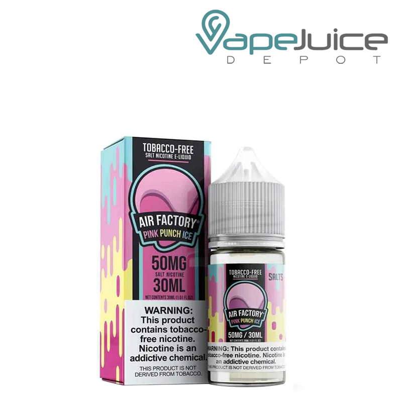 A box of Pink Punch Ice Air Factory Salts with a warning sign and a 30ml bottle next to it - Vape Juice Depot
