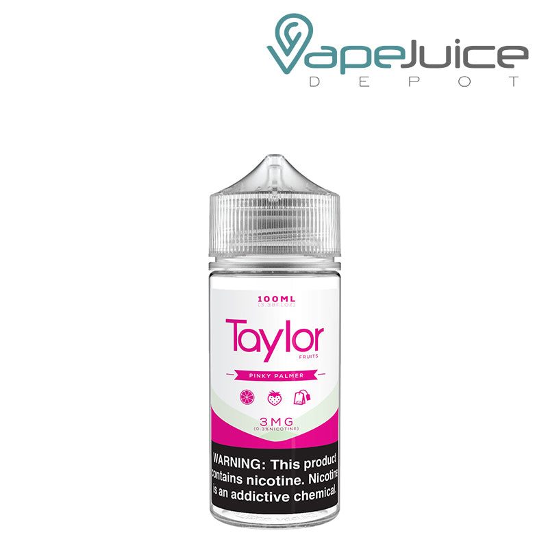 A 100ml bottle of Pinky Palmer Taylor Fruits with a warning sign - Vape Juice Depot
