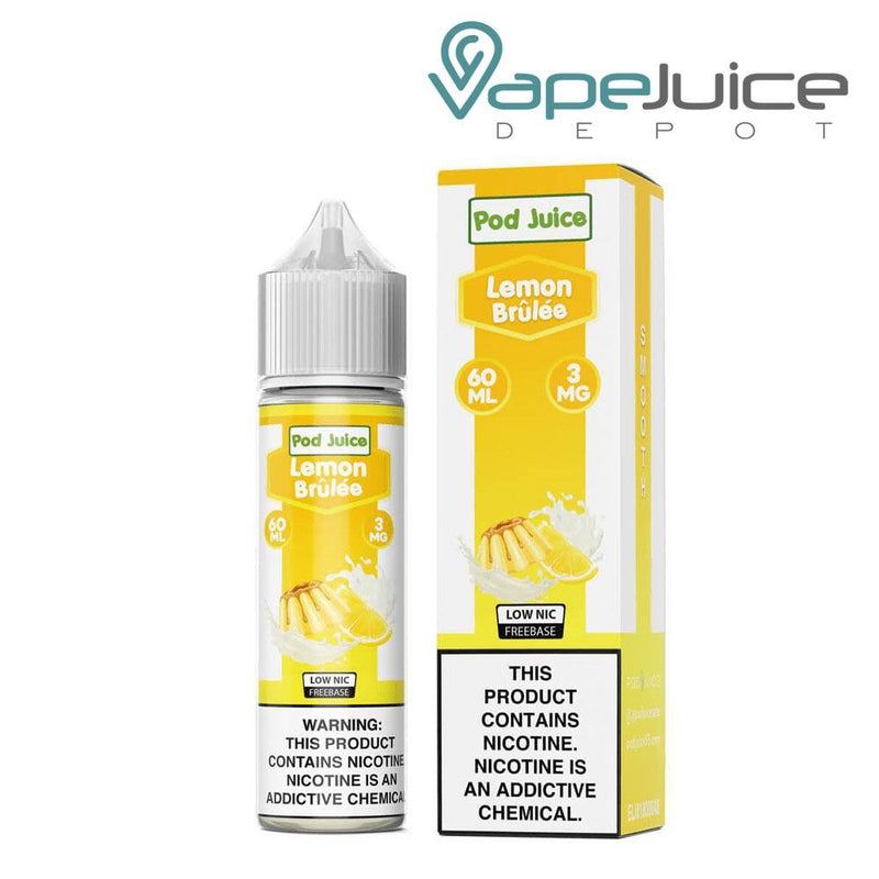 A 60ml bottle of Lemon Brulee Pod Juice eLiquid with a warning sign and a box next to it - Vape Juice Depot