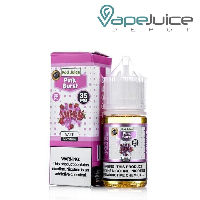 A 30ml bottle of Pink Burst Pod Juice Nicotine Salt with a warning sign and a box next to it  - Vape Juice Depot
