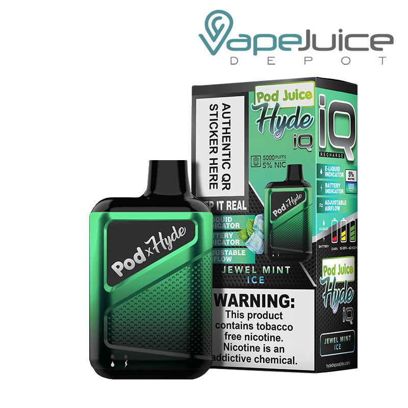 Jewel Mint Pod Juice X Hyde IQ Disposable 5000 Puffs and a box with a warning sign next to it - Vape Juice Depot
