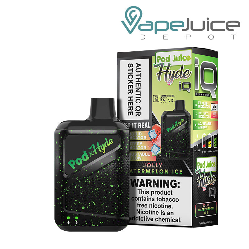 Jolly Watermelon Ice  Pod Juice X Hyde IQ Disposable 5000 Puffs and a box with a warning sign next to it - Vape Juice Depot