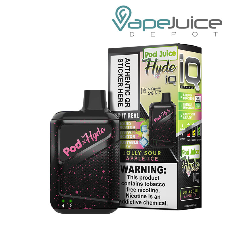 Jolly Sour Apple Ice Pod Juice X Hyde IQ Disposable 5000 Puffs and a box with a warning sign next to it - Vape Juice Depot